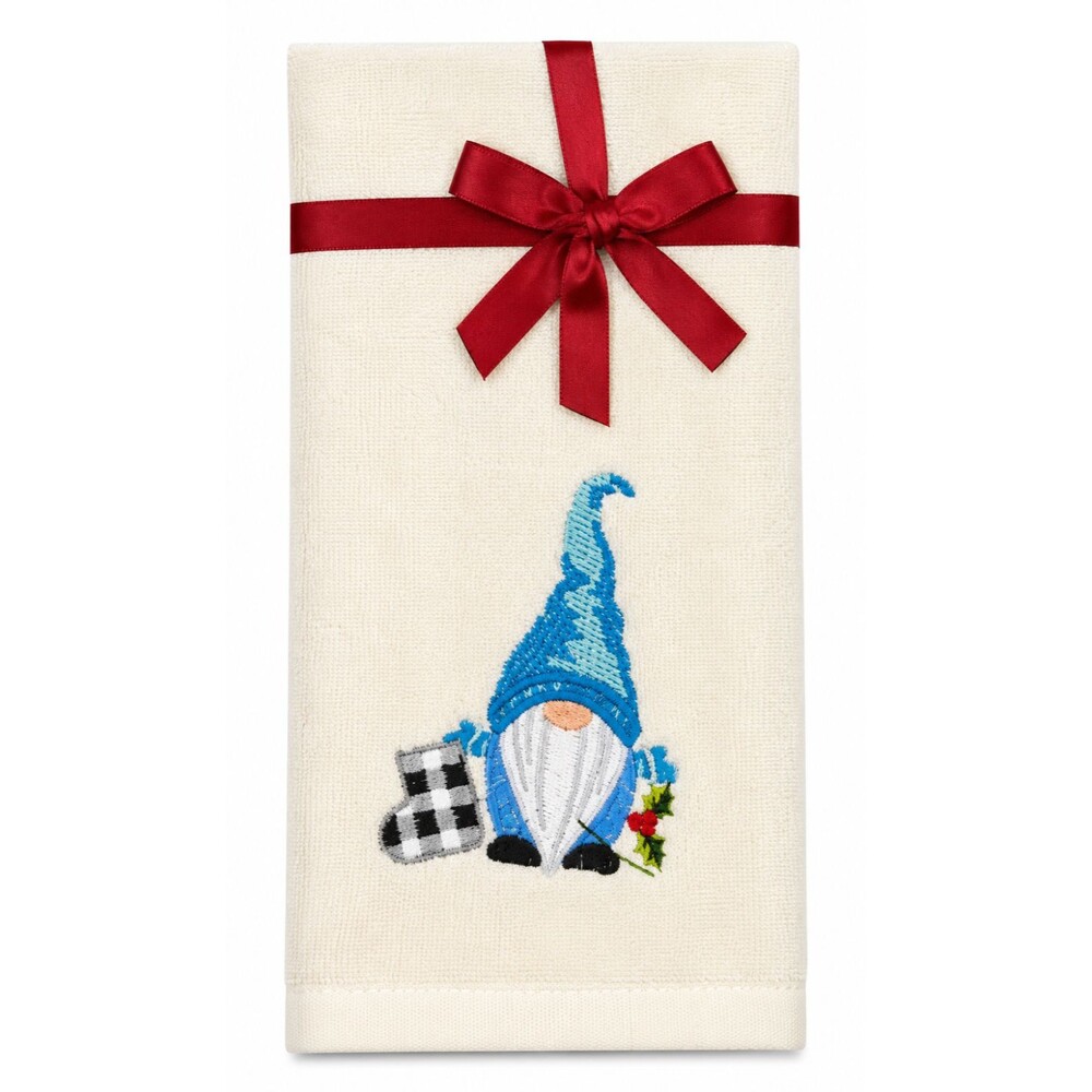 Avanti Christmas Gnome Hand Towels Set of 2 Blue White Buffalo Check Embroidered